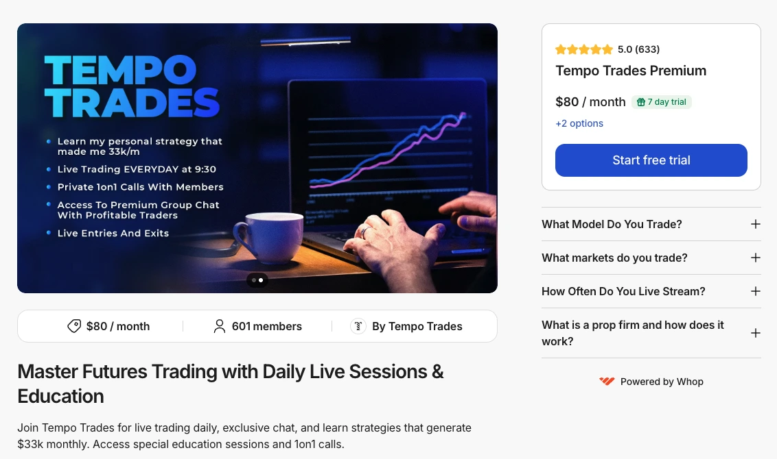 Tempo Trades Premium live futures room on Whop